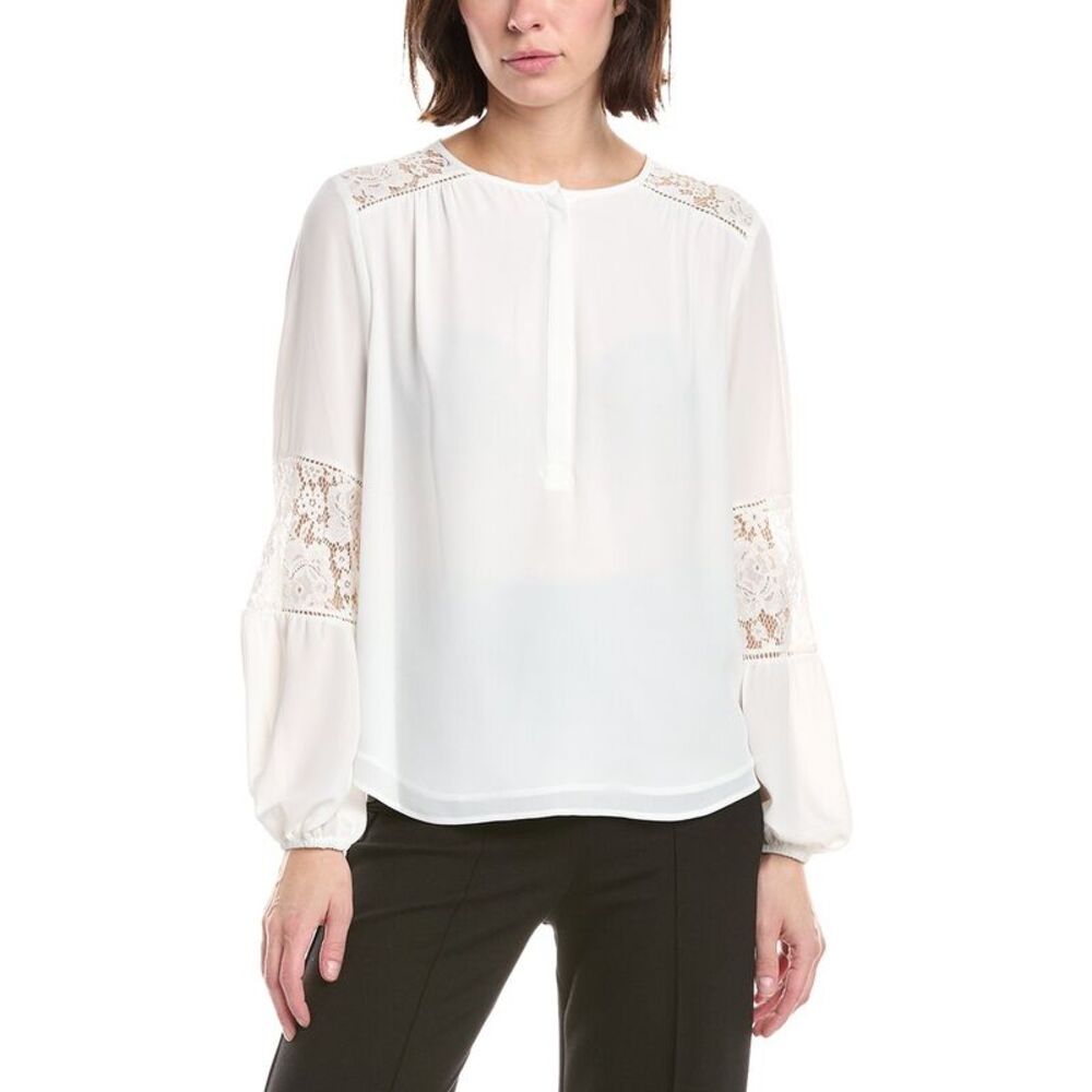 T Tahari Womens Half Placket Lace Trim Blouse, White